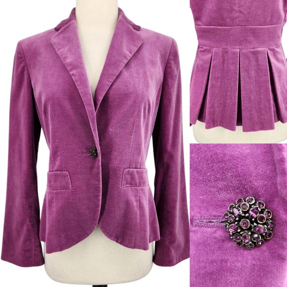 SALE AK Anne Klein Stretch Velvet Blazer Jewel Button Box Pleats Purple Pink - Picture 1 of 8